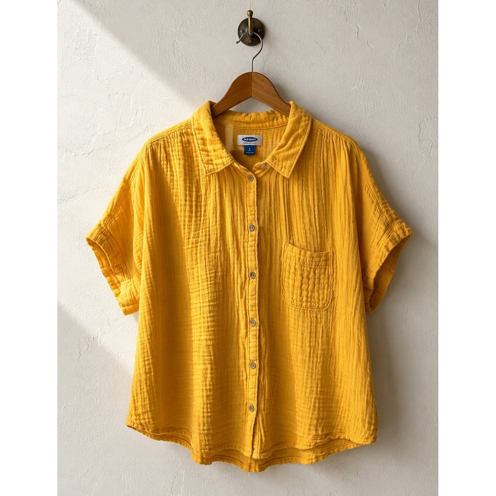 Old Navy Button Down Shirt Women Small Yellow Cotton Double Gauze Preppy Soft